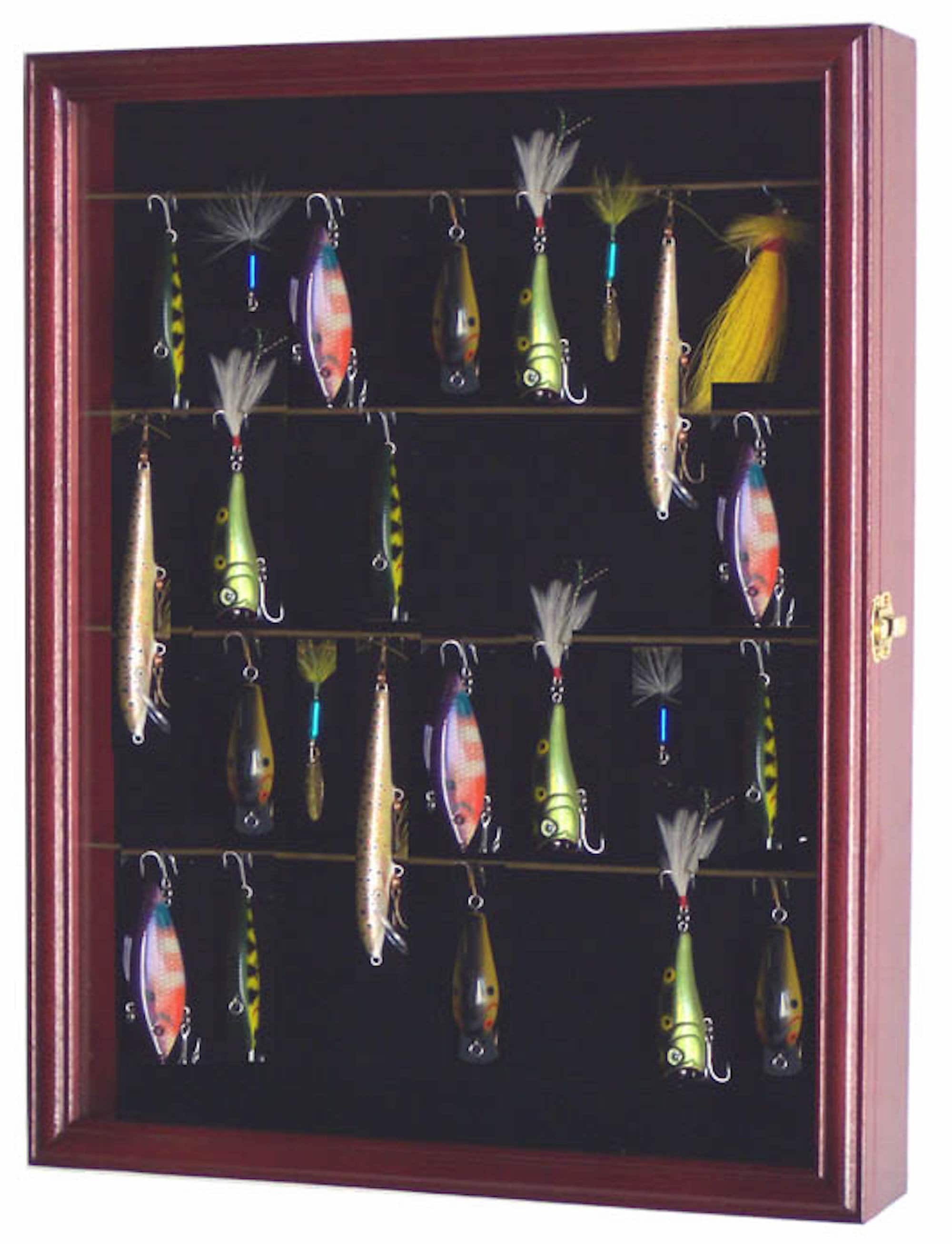 Fishing Lure Display Case Cabinet Wall Hook Wire Rack Shelf Fish