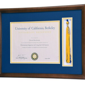 May include: A framed diploma from the University of California, Berkeley, University Extension, awarded to Daniel Brockman for completing the Professional Sequence in Using the SAS System. The diploma is dated August 2, 2007. A gold tassel is displayed in a separate frame.
