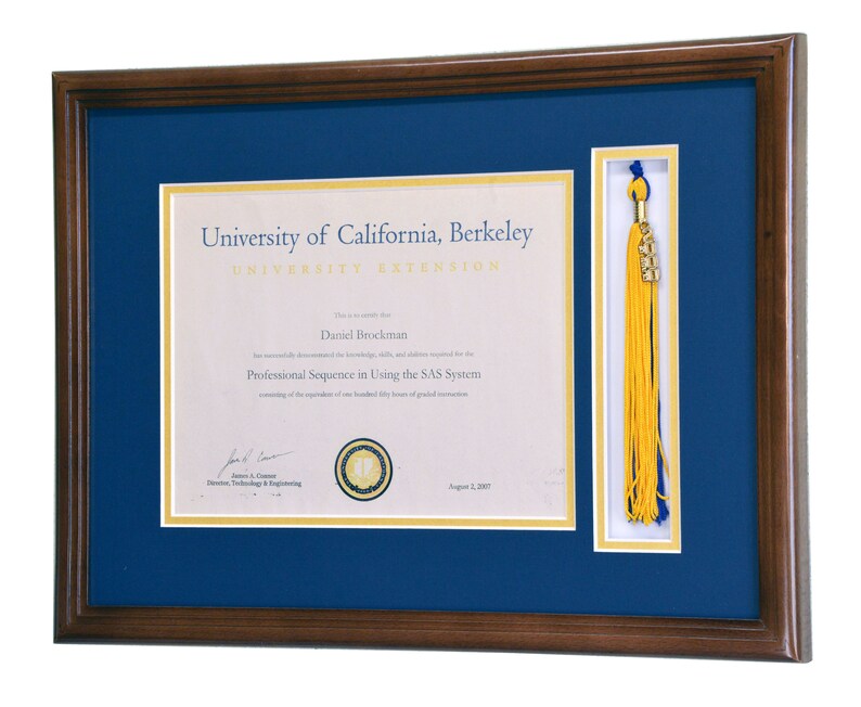 May include: A framed diploma from the University of California, Berkeley, University Extension, awarded to Daniel Brockman for completing the Professional Sequence in Using the SAS System. The diploma is dated August 2, 2007. A gold tassel is displayed in a separate frame.