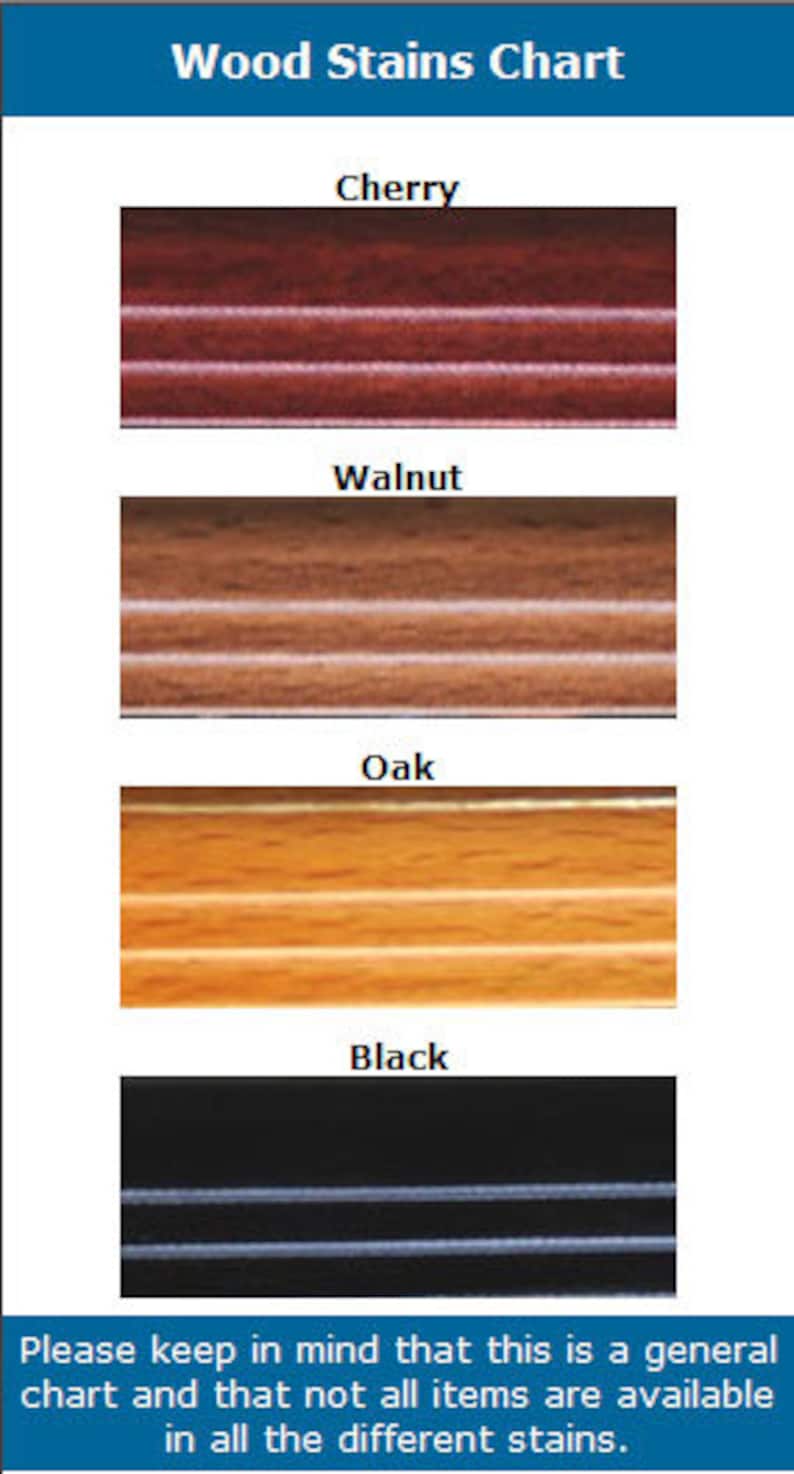May include: A chart showing four different wood stain colors: cherry, walnut, oak, and black. The chart is labeled "Wood Stains Chart".