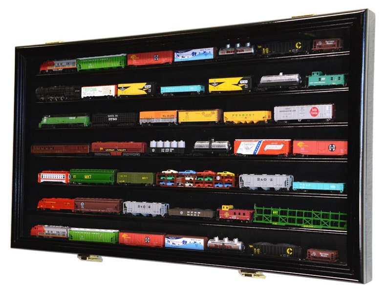 N Scale Train Display Case Model Car Cabinet Wall Rack w/ 98% UV Protection Lockable Black Wood Finish
