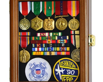 Military Medals Pins Patches Insignia Ribbons Flag Display Case C
