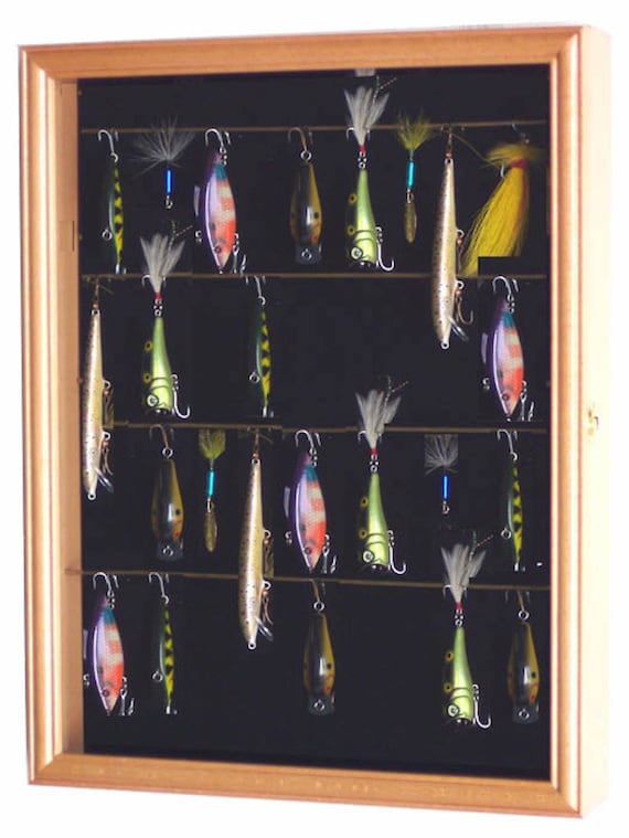 Fishing Lure Display Case Cabinet Wall Hook Wire Rack Shelf Fish