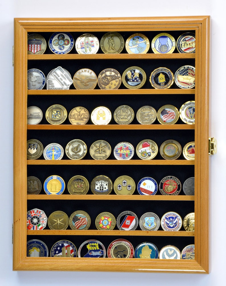 Military Challenge Coin Display Case Cabinet Rack Holder...
