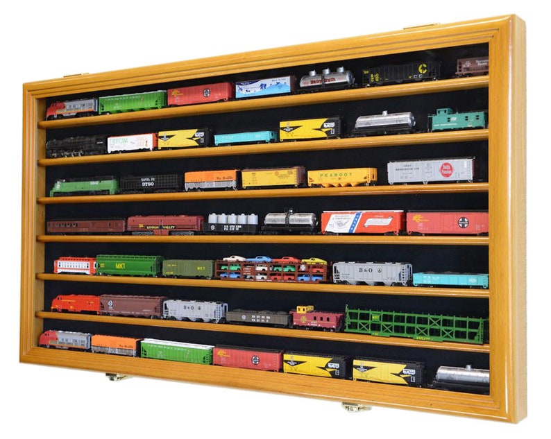 N Scale Train Display Case Model Car Cabinet Wall Rack w/ 98% UV Protection Lockable Oak Wood Finish
