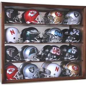 16 Riddell Mini Helmet Helmets Display Case Cabinet Wall Rack NFL Football 98% UV Protection Lockable Walnut Finish