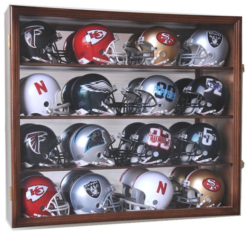 16 Riddell Mini Helmet Helmets Display Case Cabinet Wall Rack NFL Football 98% UV Protection Lockable Walnut Finish