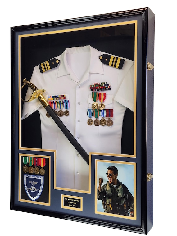 dress blues display case Extra Deep Military Uniform, Jacket (custom Double Matting) Cabinet Shadowbox -UV Protection - DIY (w/ LED Accent Light Option) army uniform display case