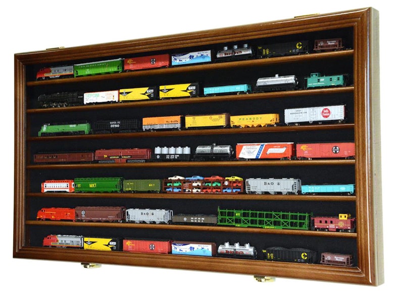 N Scale Train Display Case Model Car Cabinet Wall Rack w/ 98% UV Protection Lockable Walnut Wood Finish