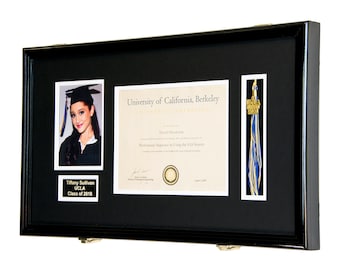 Custom Large Diploma, Graduation Tassel, and Cap Display Case Cabinet Frame (w/ Custom Matting Colors and Layouts)