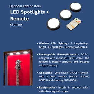 May include: LED spotlights with remote control, designed as an optional add-on item. The set includes three wireless, battery-powered spotlights with adjustable color options and dimming capabilities. The remote control is included.