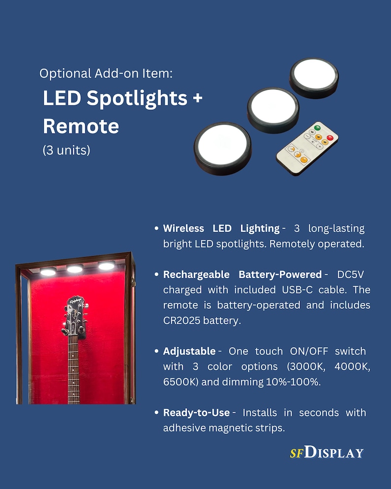 May include: LED spotlights with remote control, designed as an optional add-on item. The set includes three wireless, battery-powered spotlights with adjustable color options and dimming capabilities. The remote control is included.