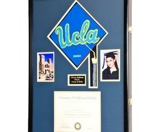 Custom X-Large Diploma, Graduation Tassel, and Cap Display Cabinet Frame (w/ Custom Matting Colors)