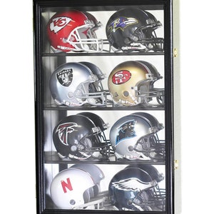 8 Riddell Mini Helmets Football Helmet Display Case Wall Rack Cabinet Mirror Back - 98% UV Lockable