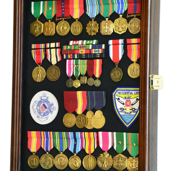 Military Medals, Pins, Patches, Insignia, Ribbons, Flag Display Case Cabinet w/ 98% UV Protection - Lockable