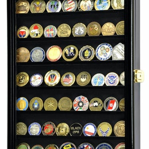 56 Military Challenge Coin Coins Display Case Cabinet Holder Wall Rack 98% UV Lockable w/Adjustable Shelves