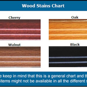 May include: Wood stain color chart showing four different wood stain colors: cherry, oak, walnut, and black.