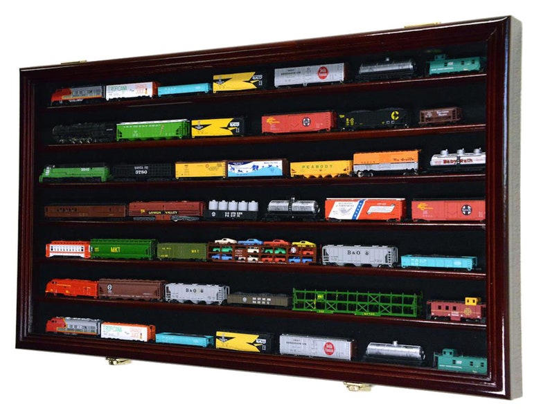 N Scale Train Display Case Model Car Cabinet Wall Rack w/ 98% UV Protection Lockable Cherry Wood Finish