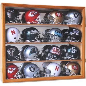 16 Riddell Mini Helmet Helmets Display Case Cabinet Wall Rack NFL Football 98% UV Protection Lockable Oak Finish