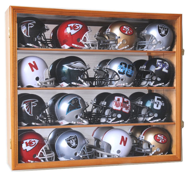 16 Riddell Mini Helmet Helmets Display Case Cabinet Wall Rack NFL Football 98% UV Protection Lockable Oak Finish