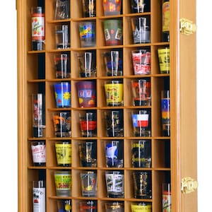 54 Shot Glass Shotglass Shooter Display Case Holder Cabinet Wall Rack 98% UV Lockable