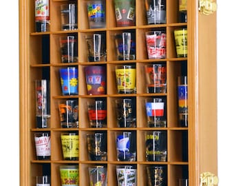 54 Shot Glass Shotglass Shooter Display Case Holder Cabinet Wall Rack 98% UV Lockable