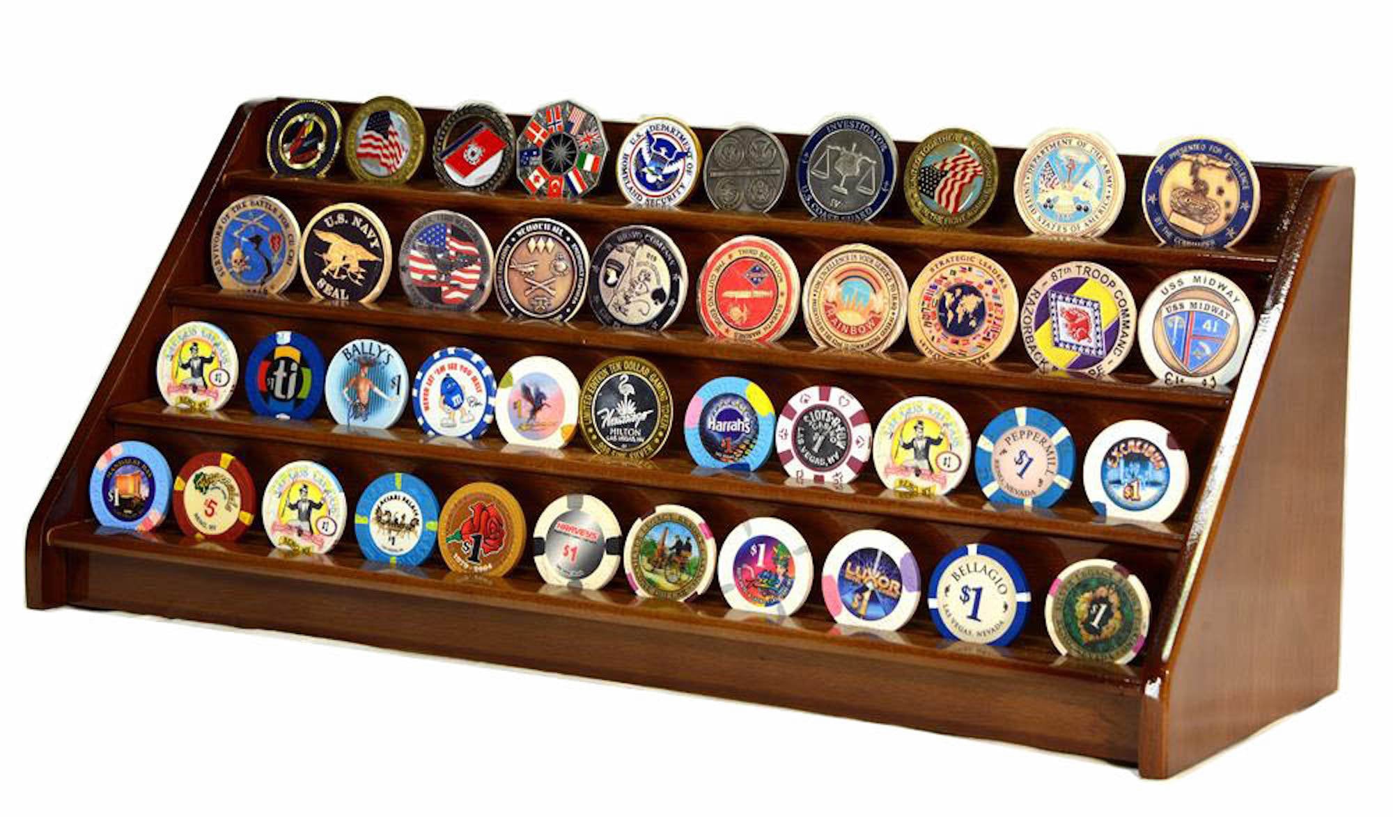 Retail Coin Set Display Racks 4 Row Challenge Coin / Casino Chip Display Rack Collectible Coin Wooden ...