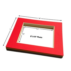 May include: Red mount board with an 8x10 inch opening for a photo. The mount board measures 11 inches by 14 inches.
