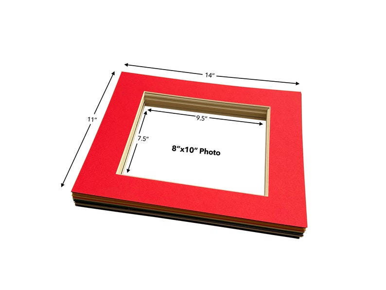 May include: Red mount board with an 8x10 inch opening for a photo. The mount board measures 11 inches by 14 inches.