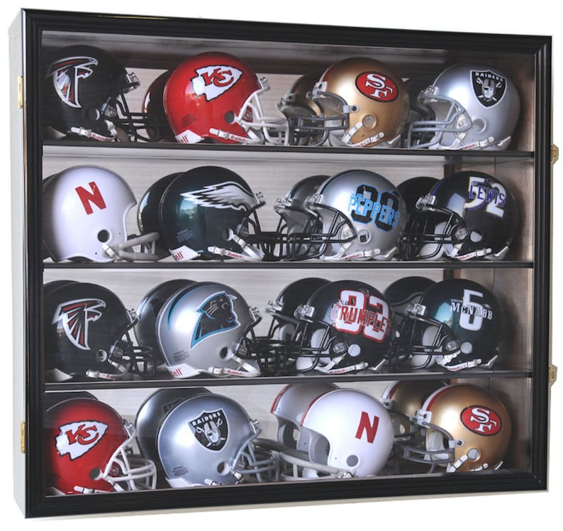 16 Riddell Mini Helmet Helmets Display Case Cabinet Wall Rack NFL Football 98% UV Protection Lockable Black Finish