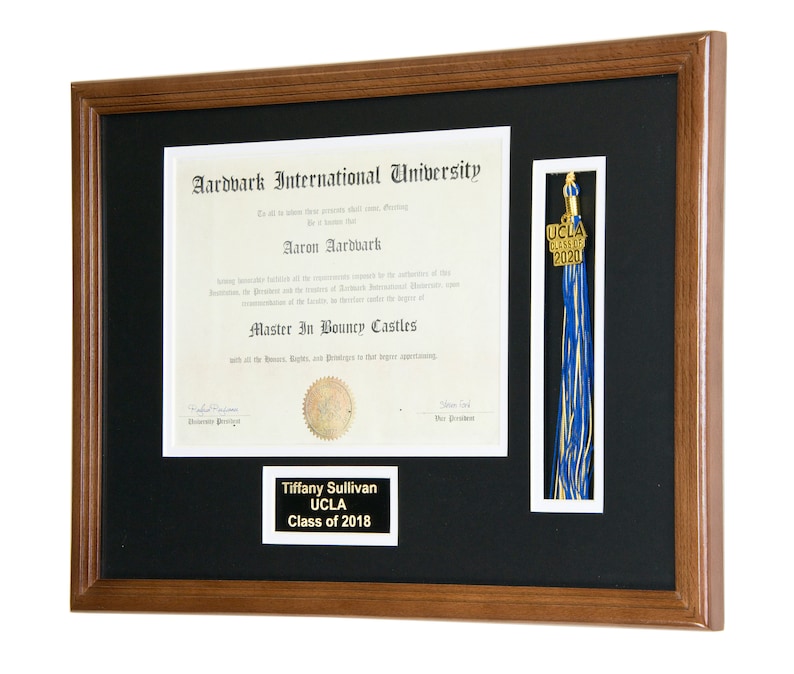 May include: A brown wooden frame with a black mat and a diploma inside. The diploma is for a Master in Bouncy Castles from Aardvark International University. There is a gold tassel with a gold tag that says "UCLA Class of 2020" and a gold plaque that says "Tiffany Sullivan UCLA Class of 2018".