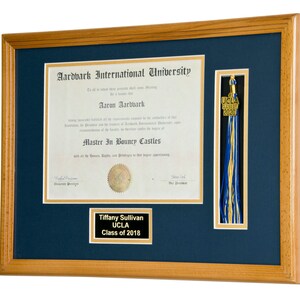 May include: A framed diploma with a blue background and a gold tassel. The diploma is for Aaron Aardvark, Master in Bouncy Castles from Aardvark International University. A smaller plaque below reads "Tiffany Sullivan, UCLA, Class of 2018".