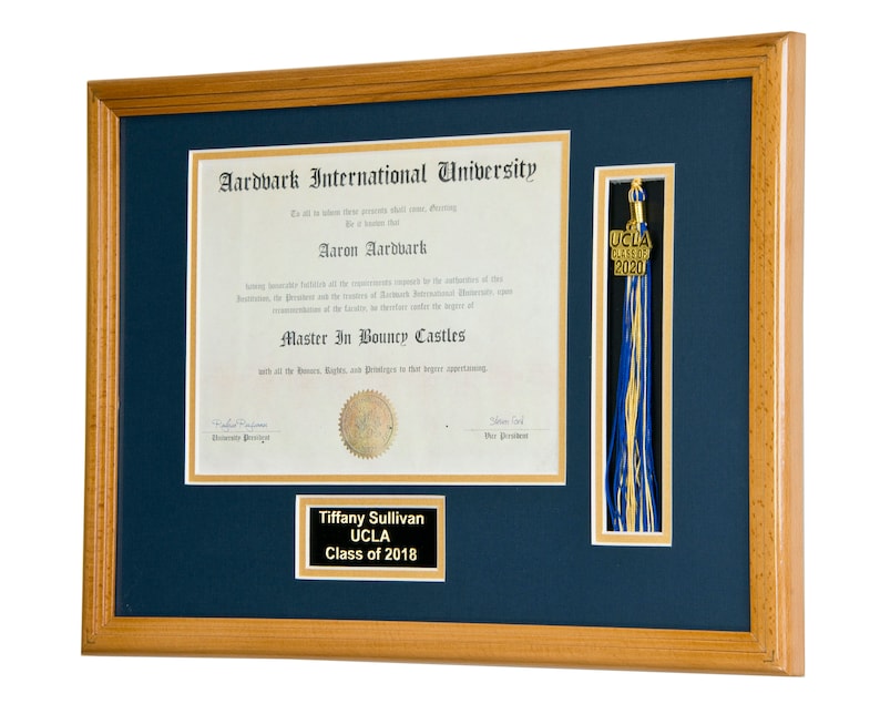May include: A framed diploma with a blue background and a gold tassel. The diploma is for Aaron Aardvark, Master in Bouncy Castles from Aardvark International University. A smaller plaque below reads "Tiffany Sullivan, UCLA, Class of 2018".