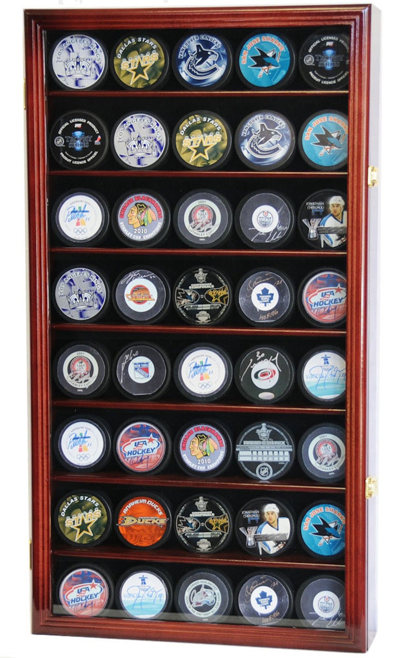 40 Hockey Puck Display Case Cabinet Holder Rack Stand 98% UV Lockable Cherry Finish