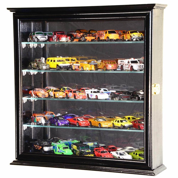 4 Adjustable Shelves Mirror Back 1/64 Diecast Display Case Cabinet Cars Model Car Train Shelf Wall Shelf w/ 98% UV Protection - Lockable