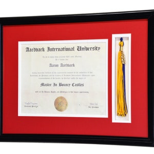 May include: A framed diploma from Aardvark International University, with a red mat and a black frame. The diploma is for Aaron Aardvark, who earned a Master in Bouncy Castles. A gold tassel hangs from the frame.