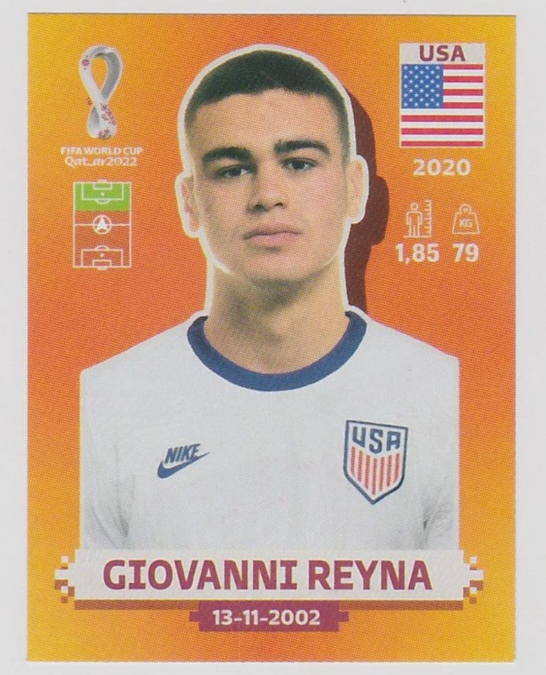 Puede incluir: Una tarjeta coleccionable de Giovanni Reyna, jugador de f&uacute;tbol de EE. UU. La tarjeta incluye la bandera de EE. UU., el logotipo de Nike y el logotipo de la Copa Mundial de la FIFA Qatar 2022. La altura del jugador es de 1,85 metros y pesa 79 kg.