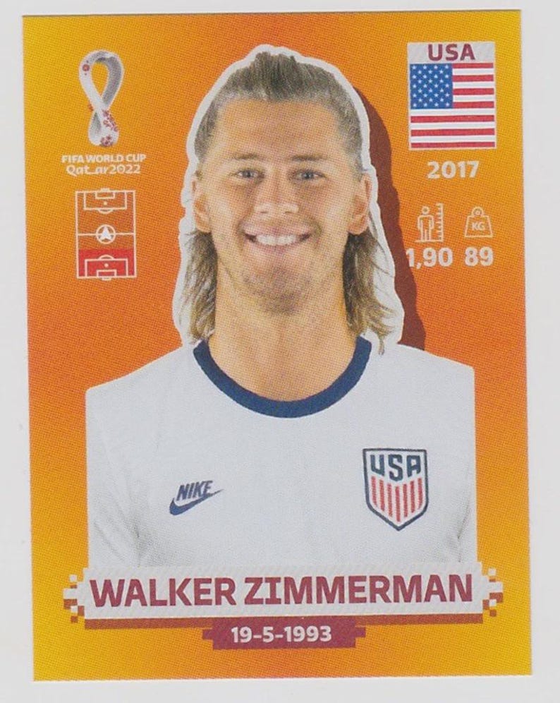 Puede incluir: Tarjeta coleccionable de Walker Zimmerman, jugador de f&uacute;tbol de EE. UU. La tarjeta muestra la bandera de EE. UU., el a&ntilde;o 2017 y la altura y el peso del jugador: 1,90 m y 89 kg. Tambi&eacute;n est&aacute; el logo de la Copa Mundial de la FIFA Qatar 2022.