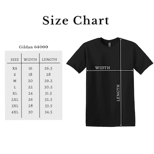 May include: Black t-shirt with a size chart, including measurements for width and length. The chart lists sizes XS to 4XL, with corresponding measurements in inches. The text "Size Chart" is at the top.