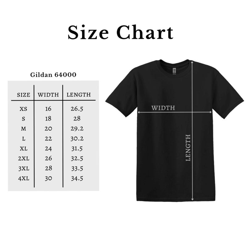 May include: Black t-shirt with a size chart, including measurements for width and length. The chart lists sizes XS to 4XL, with corresponding measurements in inches. The text "Size Chart" is at the top.