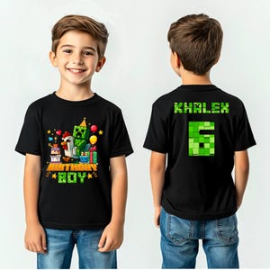 May include: Black t-shirt with a pixelated Creeper character, birthday cake, and the text "BIRTHDAY BOY." The back of the shirt displays the name "KHALEX" and the number "5" in green pixelated font. The shirt is worn by a young person.