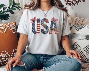 American Flag Patchwork Tee, Coquette USA Shirt, Cute USA Shirt
