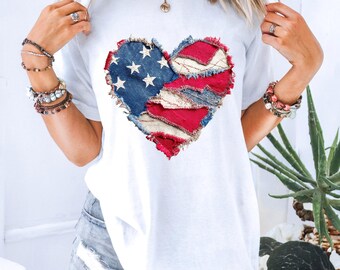 Vintage American Flag Heart Shirt, Patriotic Patchwork Tee, USA Heart