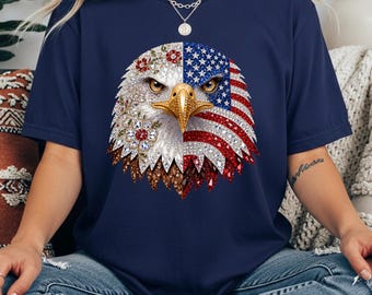 American Flag Eagle Shirt, Patriotic Rhinestone Look Tee, 4th of July Shirt Women, USA Pride Shirt
