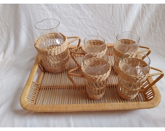 Vintage Wicker and Anchor Hocking Glass Lemonade Drink Serving Set