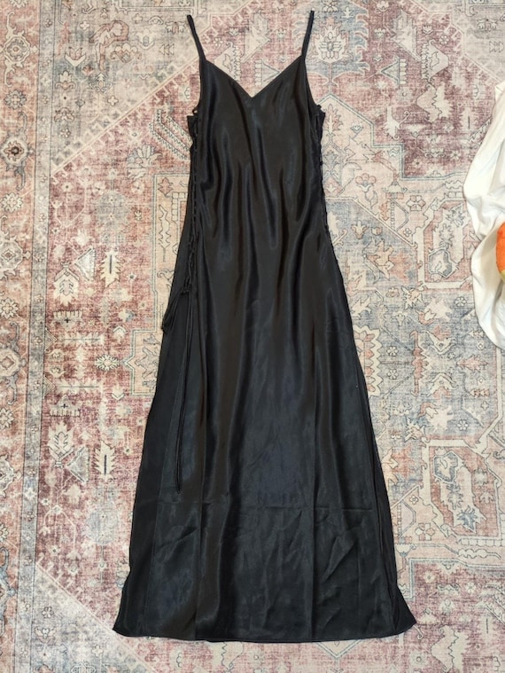90s y2k dress Vintage Victoria's Secret Lace Up Sides Wet Look Black Maxi Slip XS Deep V Neck Wedding Guest Dresses For Color:Signature Royal Channel your inner ’90s