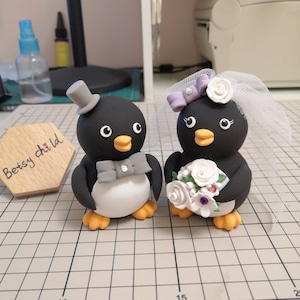 custom penguin wedding cake toppers, bride and goom wedding cake toppers