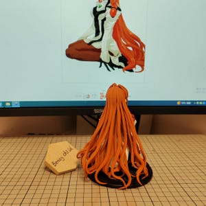 May include: A red-haired anime figurine with long, flowing hair. The figurine is sitting on a black base and is looking up at a computer screen. The screen shows an image of a similar anime character.