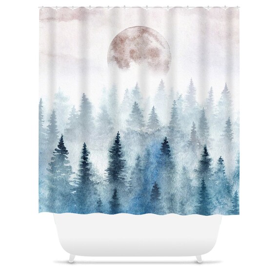 Watercolor Landscape Shower Curtain Moon Curtains Forest Bathroom Accessories Nature Decor Bath