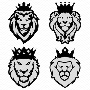 王冠をかぶったライオンの SVG バンドル、半分のライオンの頭の SVG、クリカット用のライオンのデジタル SVG ファイル、ライオンの PNG ファイル、ライオンのベクター、SVG シルエット SVG、Dxf ファイル